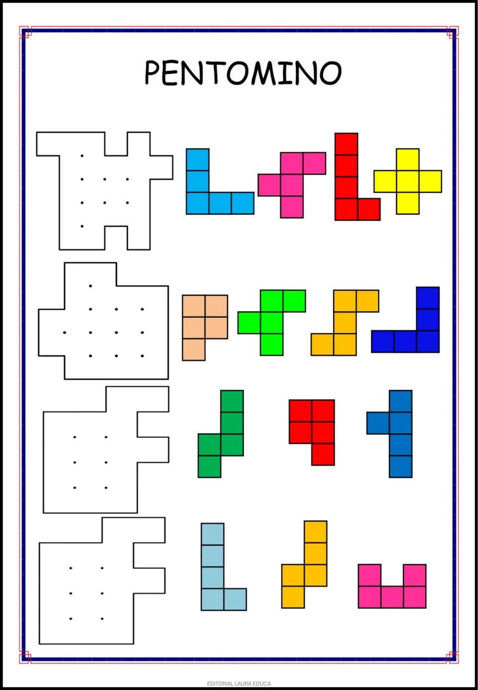 Second pentomino activity sheet: four target shapes paired with four, four, three, and three colored pieces