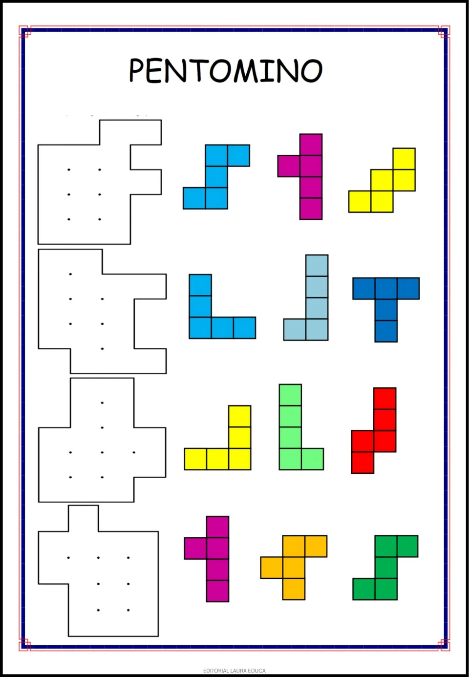 Third pentomino activity sheet: four outlined target shapes, each paired with three colored five-square pieces