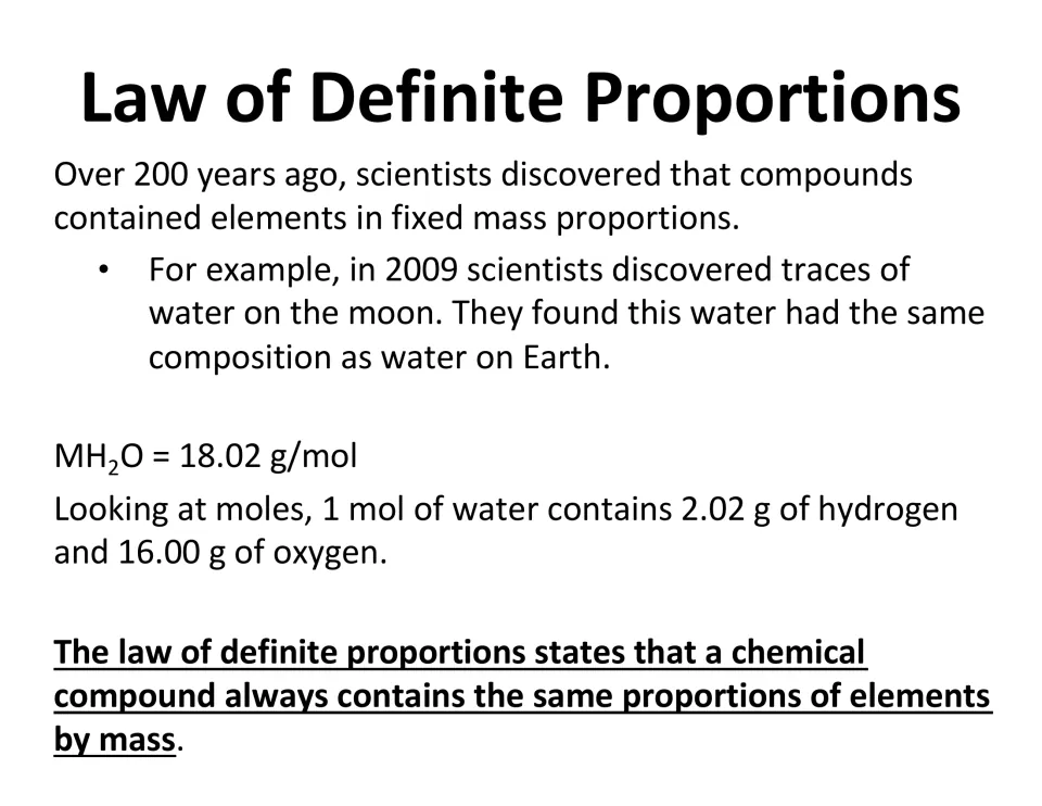Lesson slide defining definite proportions using water: 1 mol contains 2.02 g hydrogen and 16.00 g oxygen