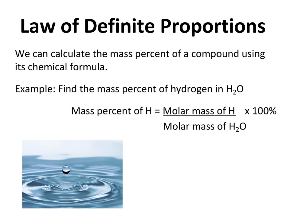 Lesson example asking for hydrogen's mass percent in H2O, with a molar mass fraction multiplied by 100%