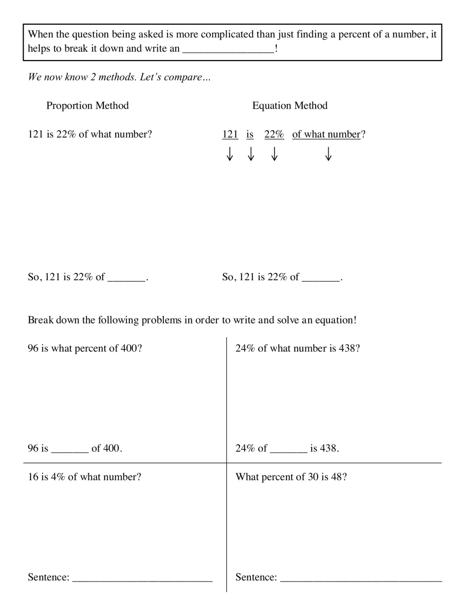 Percent equations notes: students compare proportion and equation methods, then write equations for four percent problems