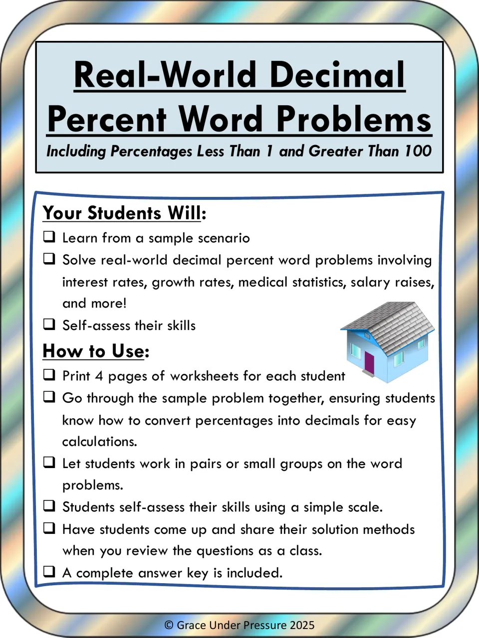 Real-World Decimal Percent Word Problems cover listing a sample scenario, word problems, self-assessment and answer key