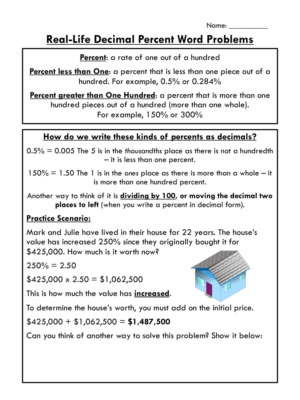 Converting percents below 1 and above 100 to decimals, then a worked house-value problem at 250% for students to re-solve