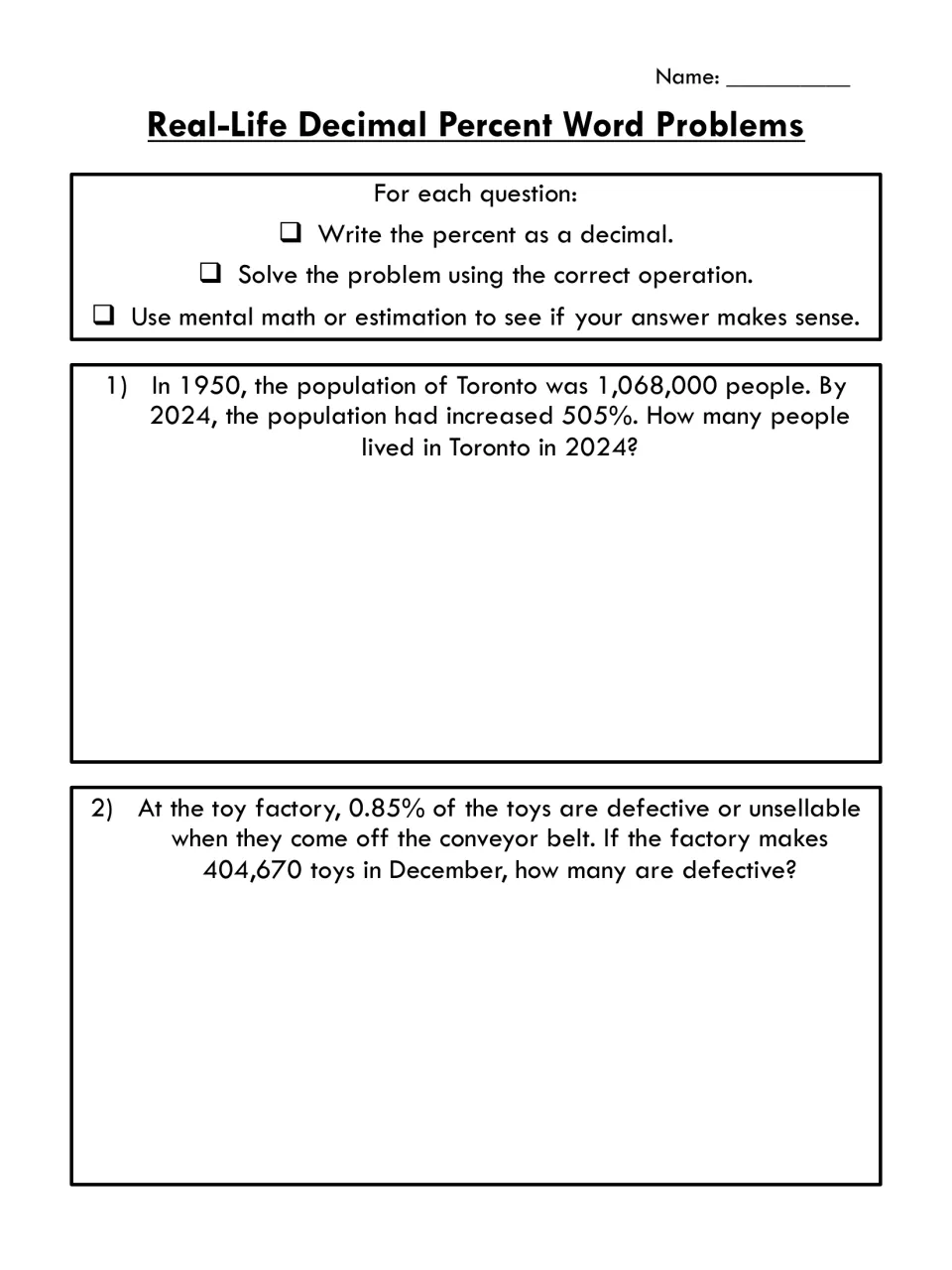 Decimal percent problems 1-2: students write 505% and 0.85% as decimals to find Toronto's population and defective toys