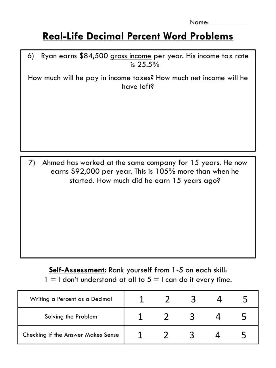 Decimal percent problems 6-7: students find 25.5% income tax and a salary before a 105% raise, then self-rate 3 skills