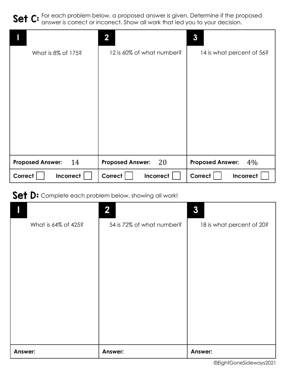 Percent problems, Sets C and D: students judge if proposed answers are correct, then solve 3 more showing all work