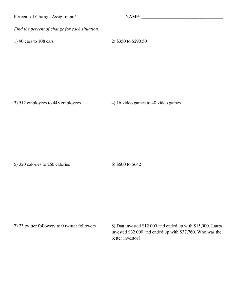 Percent of change: students find the percent increase or decrease for 8 items, ending with an investment comparison