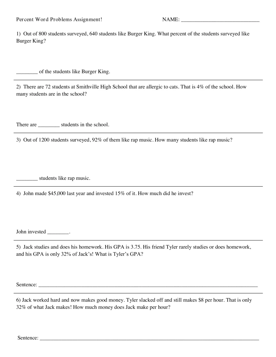 Percent word problems: students solve 6 survey, investing, GPA and wage problems to find the part, whole or percent