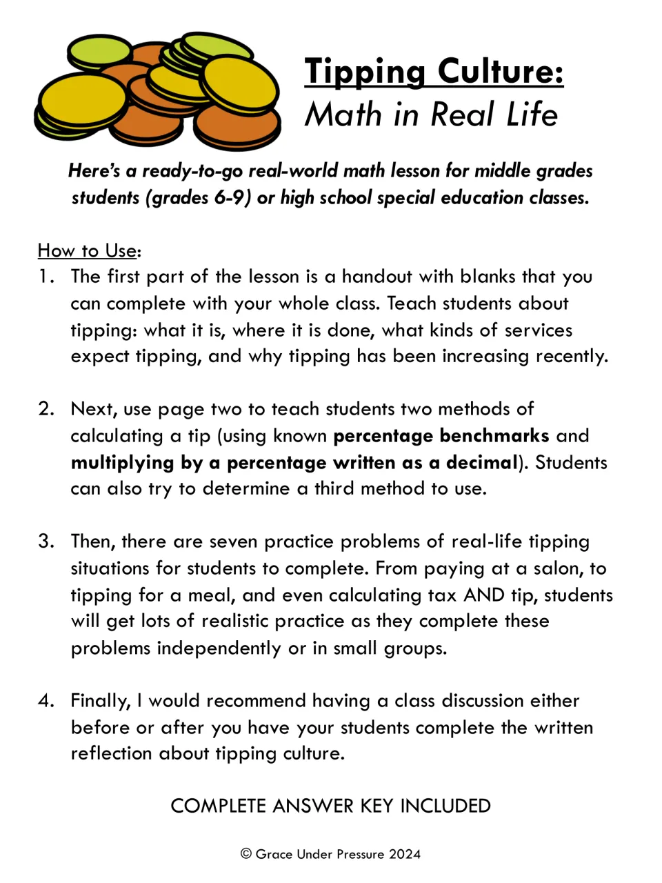 Tipping Culture: Math in Real Life overview with four how-to-use steps: intro handout, tip methods, practice, reflection