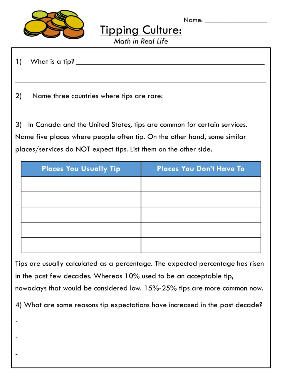 Tipping basics: students define a tip, name countries where it is rare and sort places that do and don't expect one