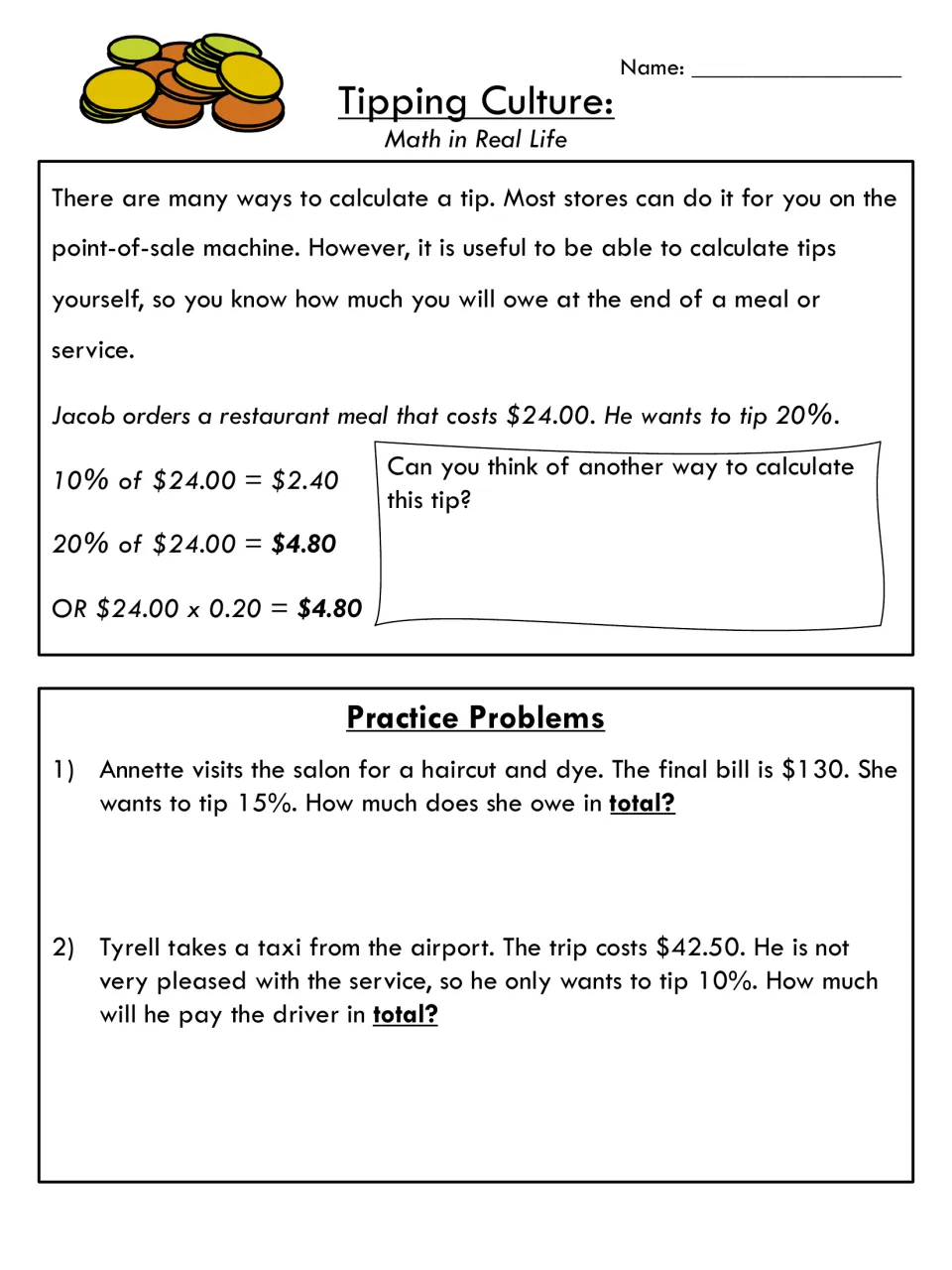 Calculating a 20% tip on $24 with benchmarks and decimals, then salon and taxi problems finding the total owed