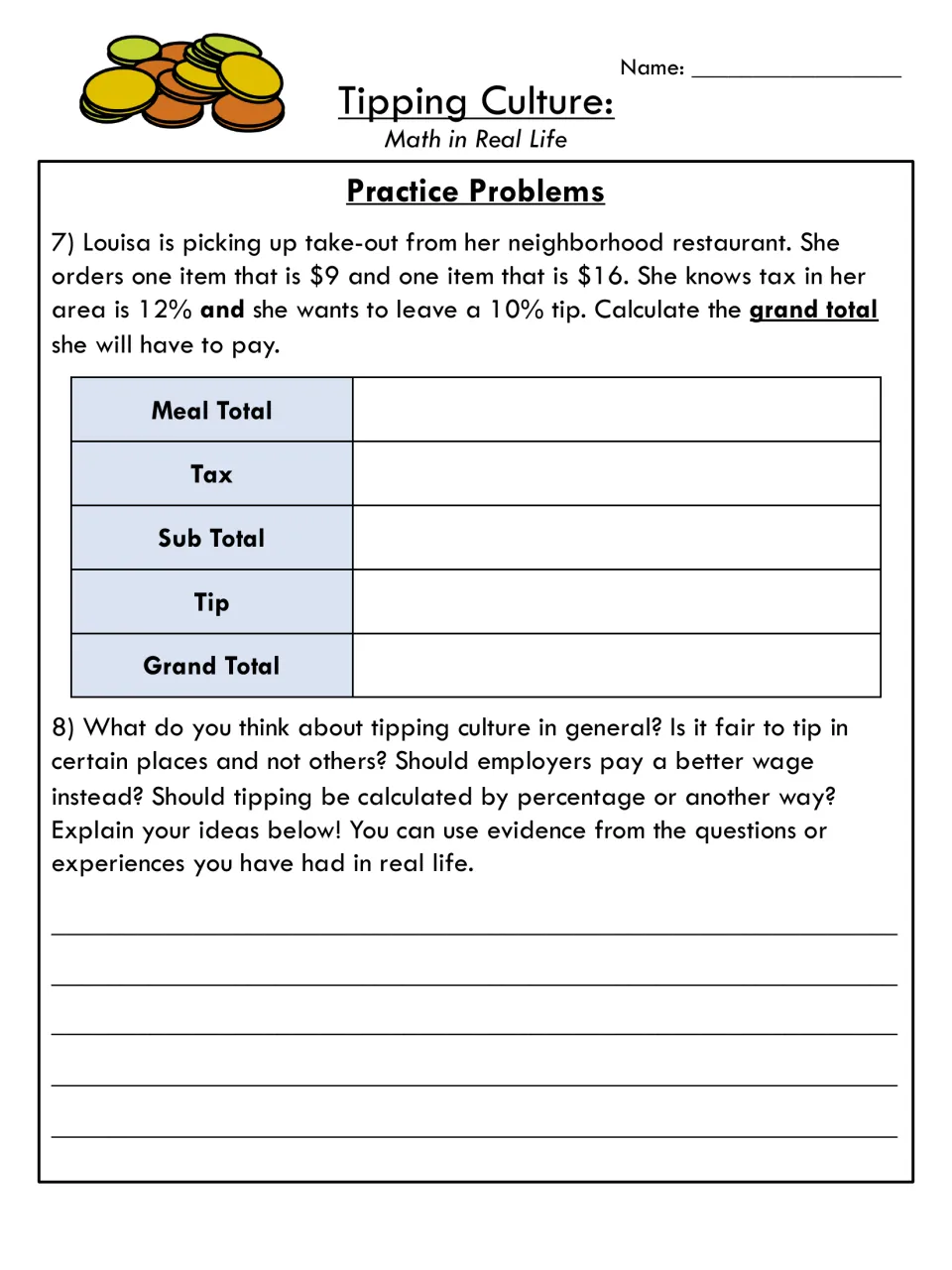 12% tax plus 10% tip on a take-out order: students fill in subtotal and grand total, then write a reflection on fairness