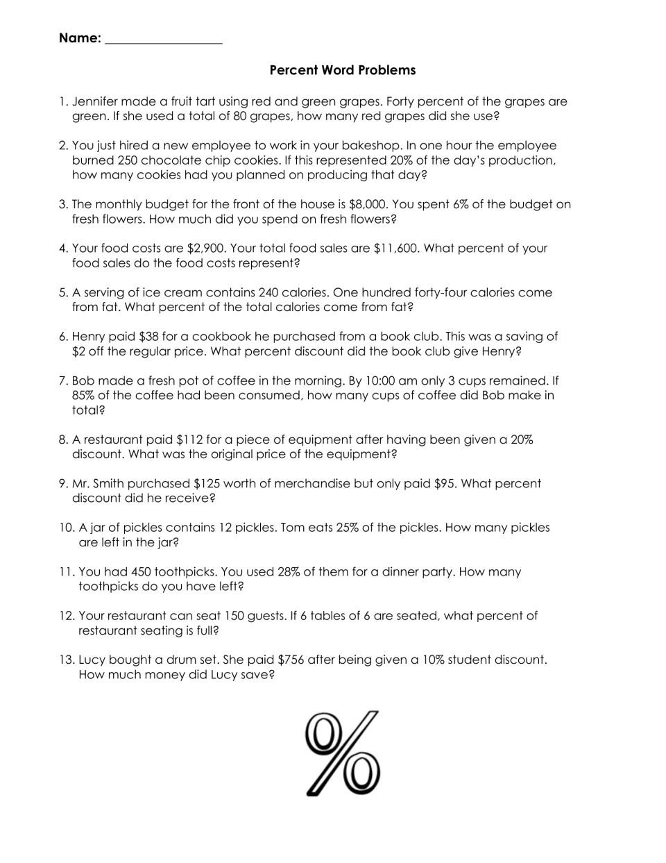 Percent story problems: students solve 13 real-life questions on discounts, food costs, calories and part of a whole