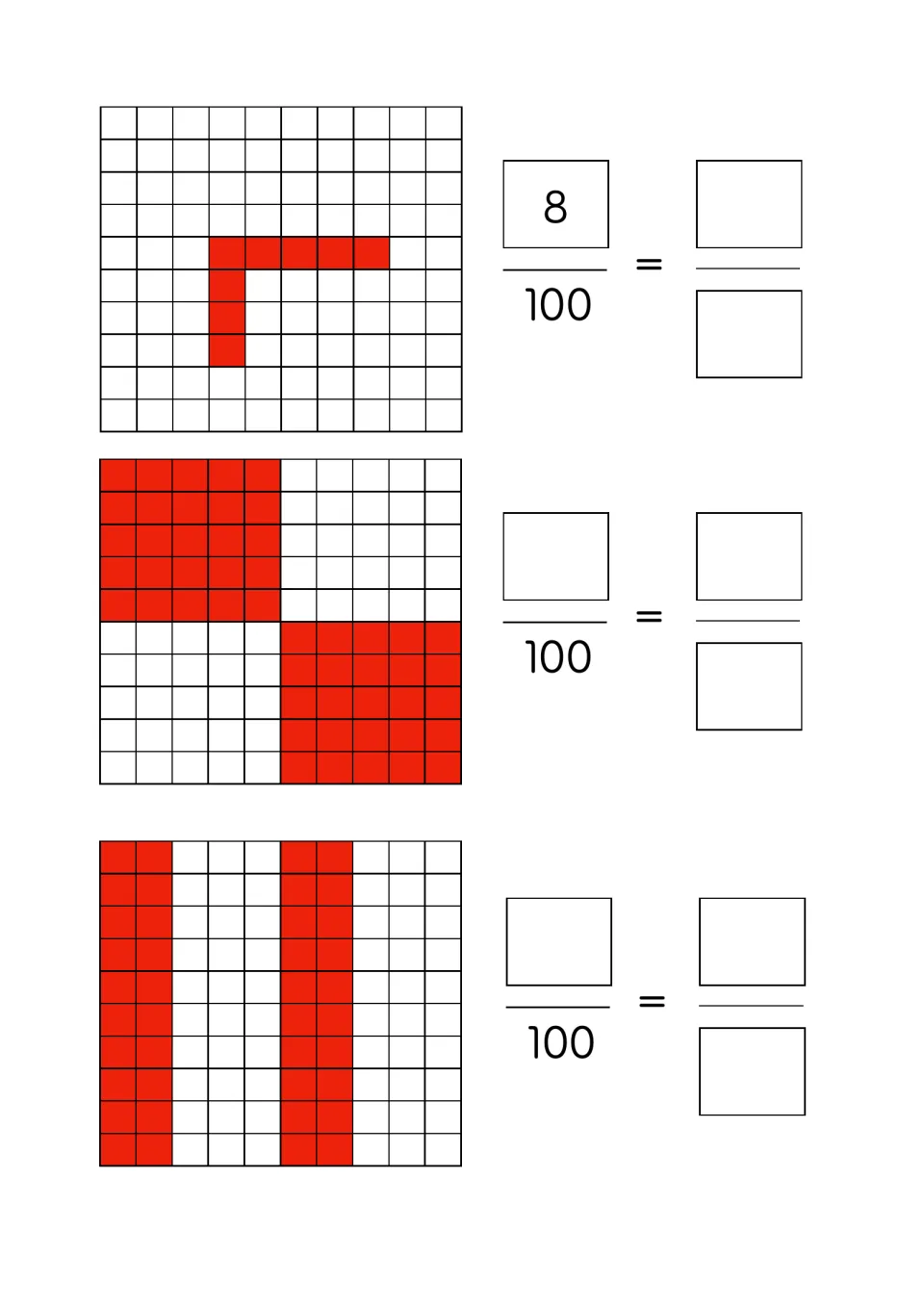 Fraction practice: use three red-shaded models to complete equivalent fractions, starting with 8/100
