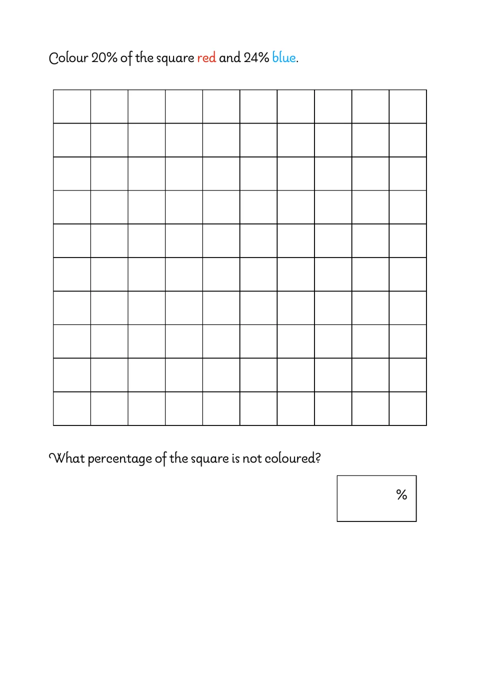 Percentage practice: color 20% red and 24% blue, then determine what percentage remains uncolored