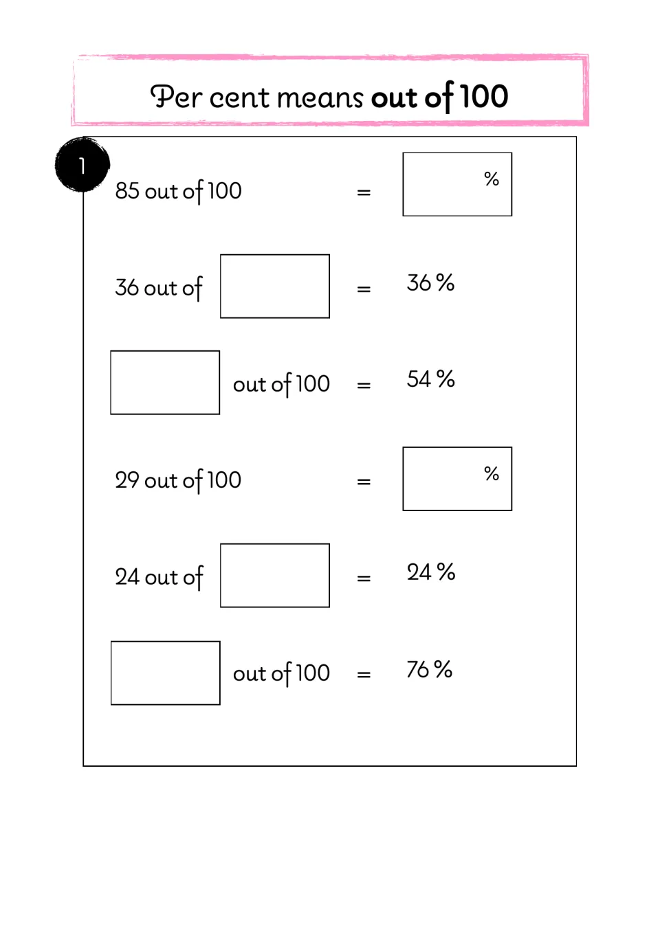 Exercise 1: complete six statements connecting amounts out of 100 to 85%, 36%, 54%, 29%, 24%, and 76%
