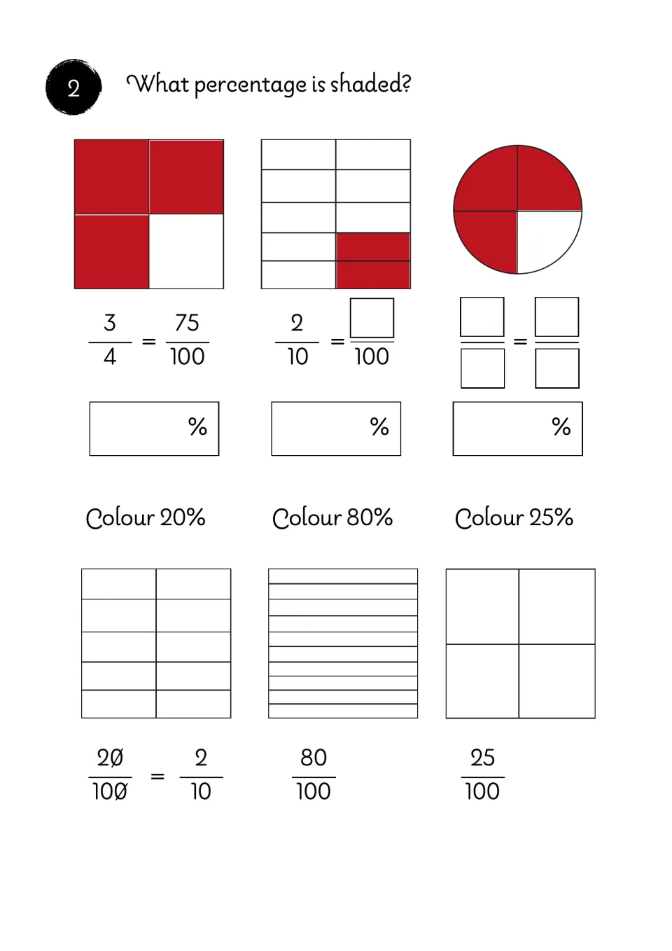 Exercise 2: find shaded percentages in three shapes, then color shapes to represent 20%, 80%, and 25%
