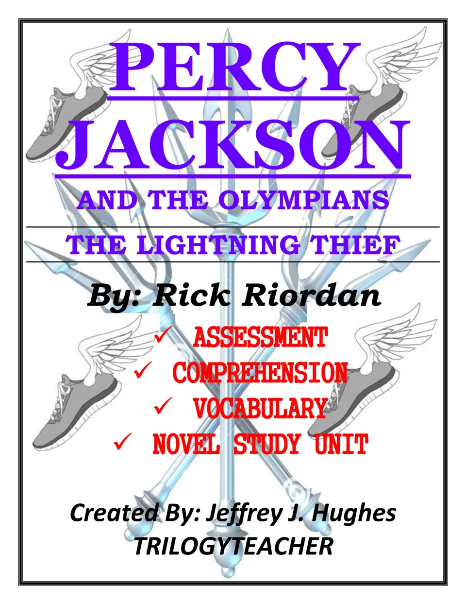 The Lightning Thief by Rick Riordan novel study cover listing assessment, comprehension and vocabulary sections