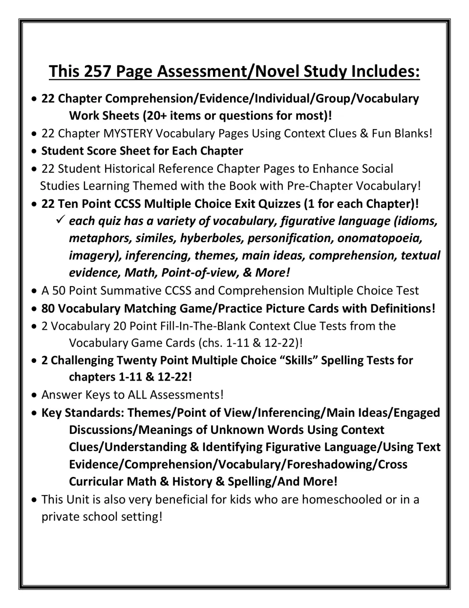 Contents list: 22 chapter worksheets, mystery vocabulary pages, exit quizzes, 50-point test, word cards, spelling tests