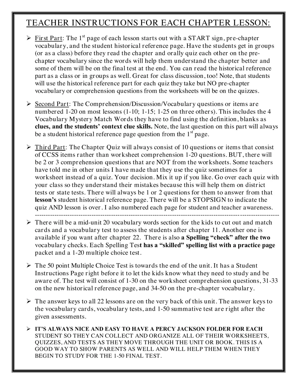 Teacher instructions for each chapter lesson: pre-chapter vocabulary, comprehension items, 10-item quiz, tests and keys