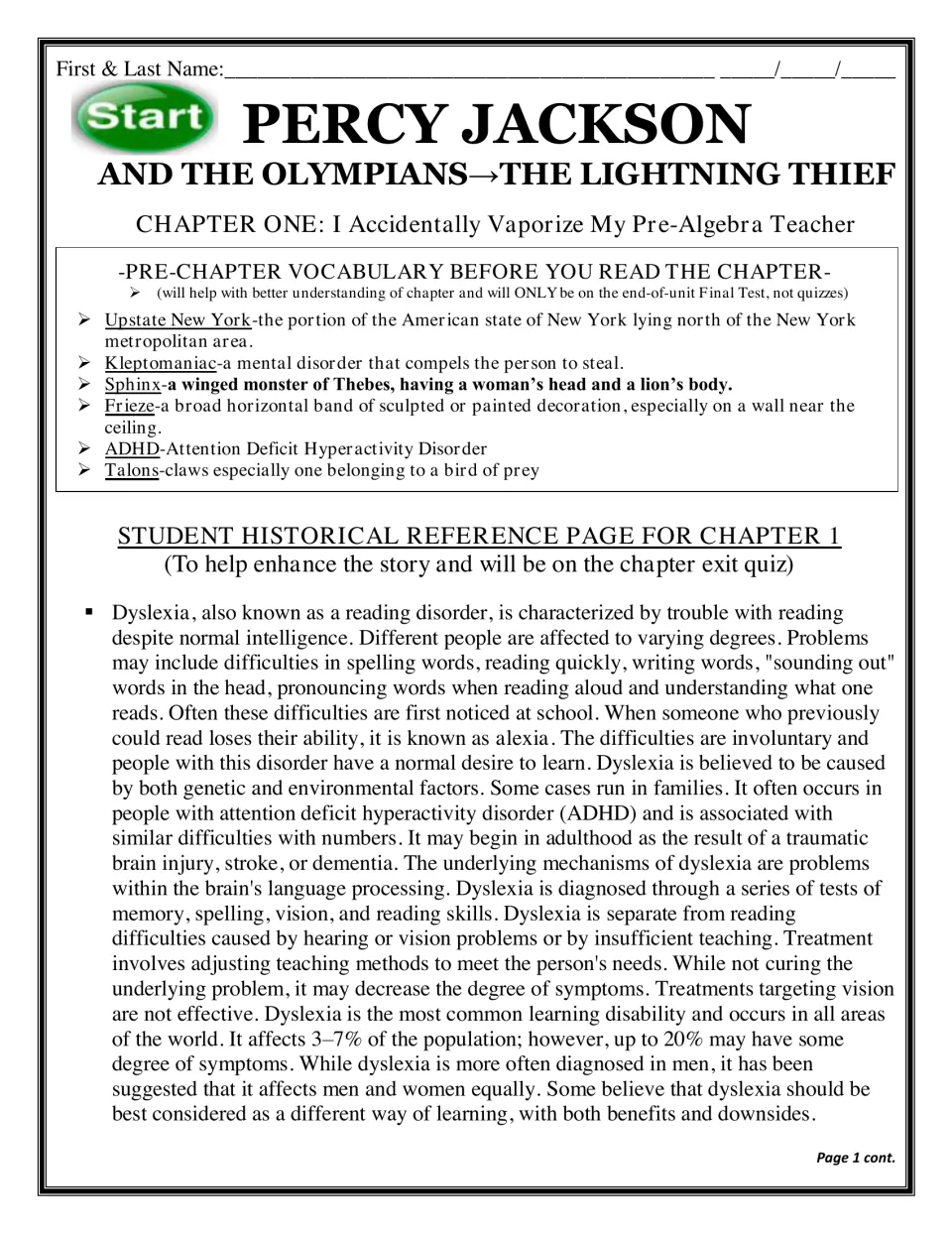 Chapter 1 opener: six pre-chapter vocabulary words like Sphinx and Talons, plus a reference reading on dyslexia
