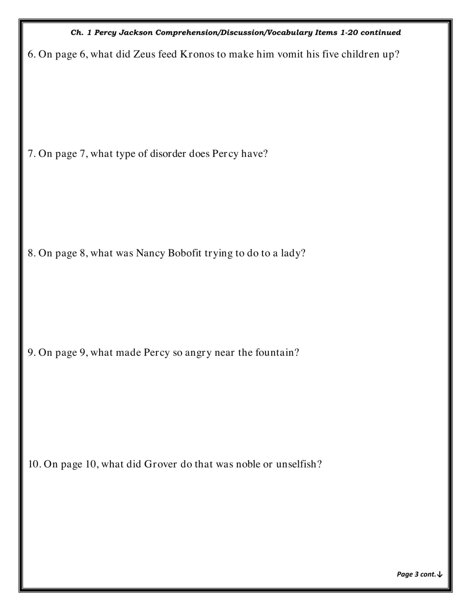 Chapter 1 questions 6-10: students recall Zeus and Kronos, Percy's disorder, Nancy Bobofit and Grover's noble act