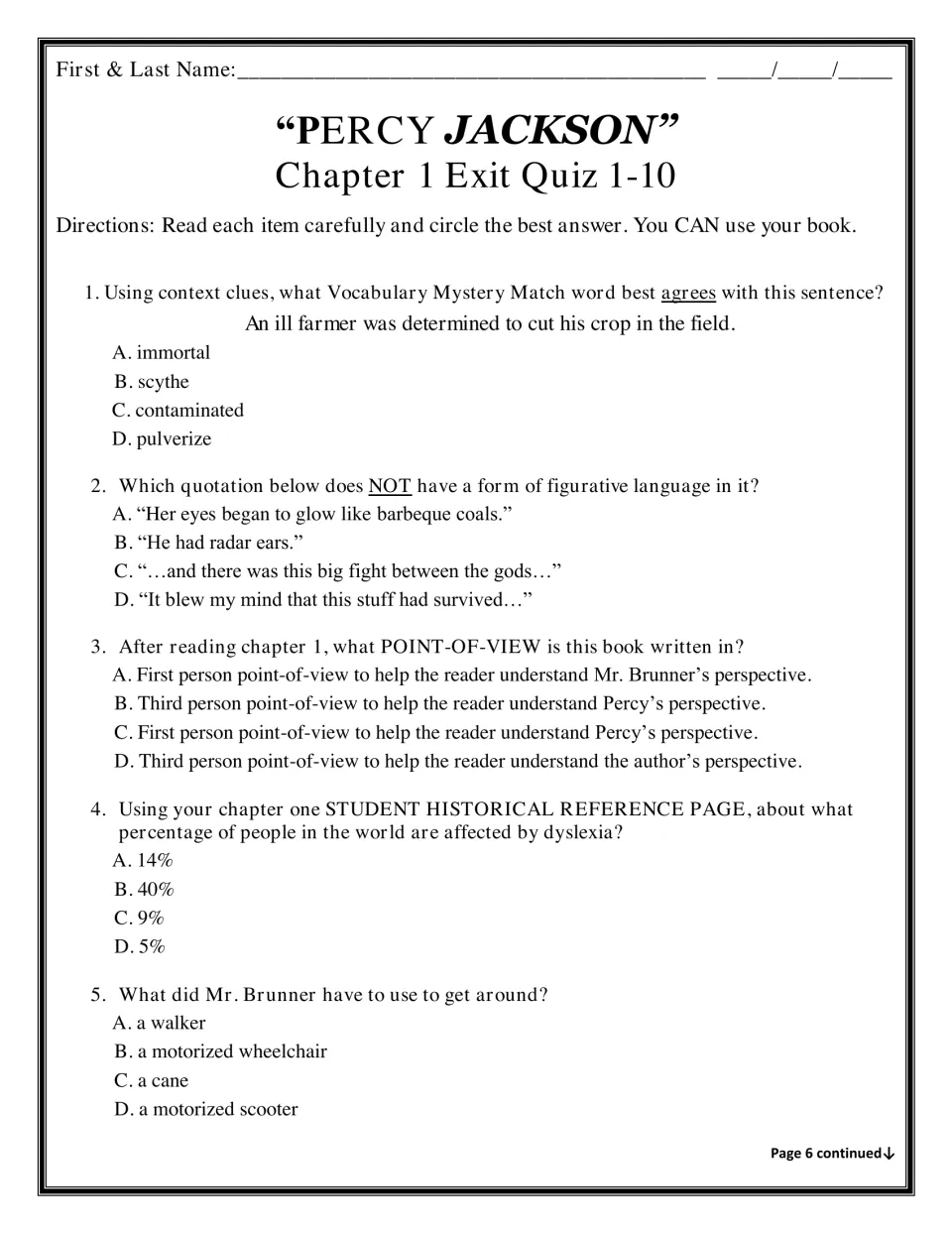 Chapter 1 exit quiz items 1-5: multiple choice on context clues, figurative language, point of view and dyslexia facts