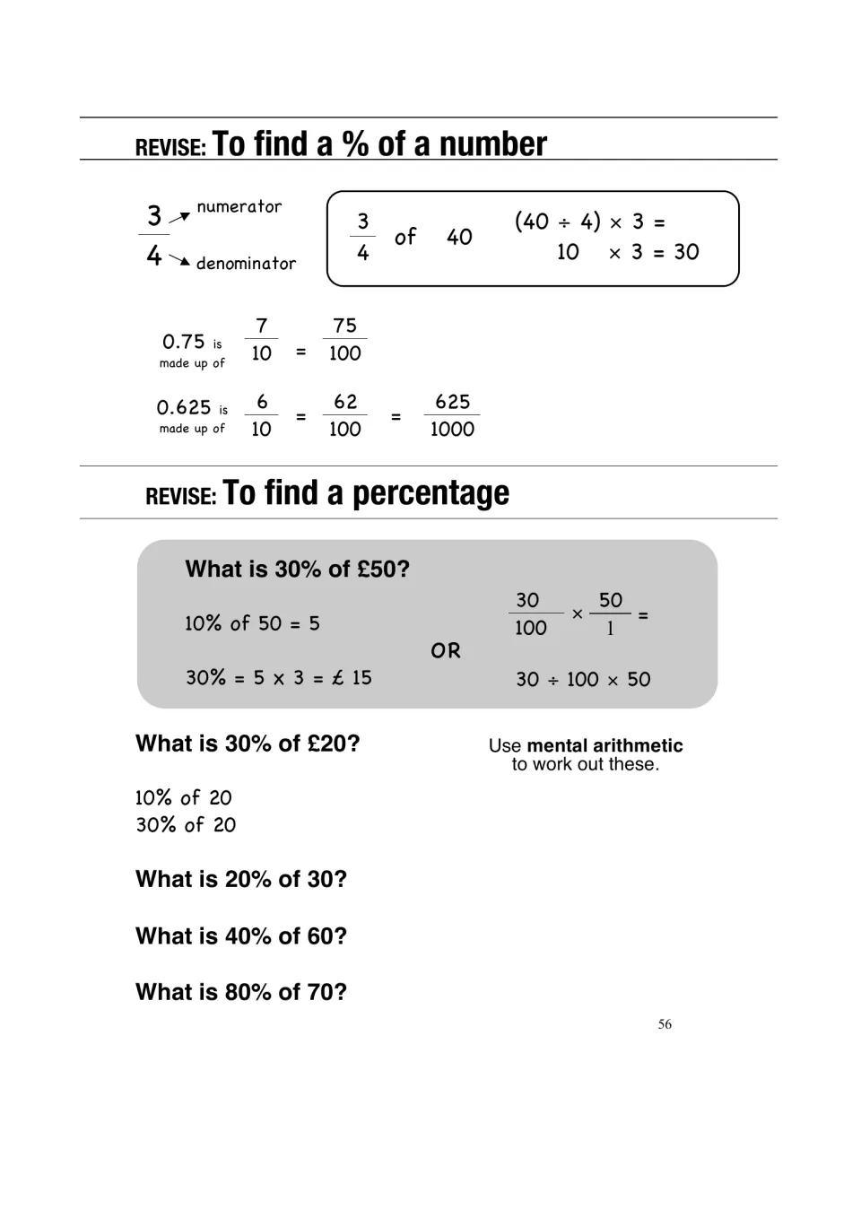 Revising percentages of amounts: worked examples of 3/4 of 40 and 30% of £50, then mental maths for 30% of £20 and more