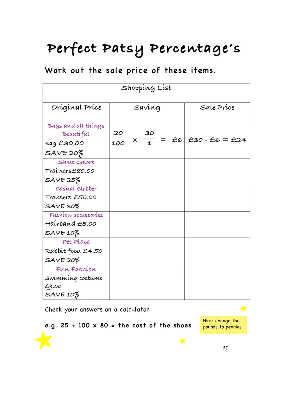 Sale prices: students find 10% to 30% savings on a bag, trainers, trousers and more, subtract, then check on a calculator