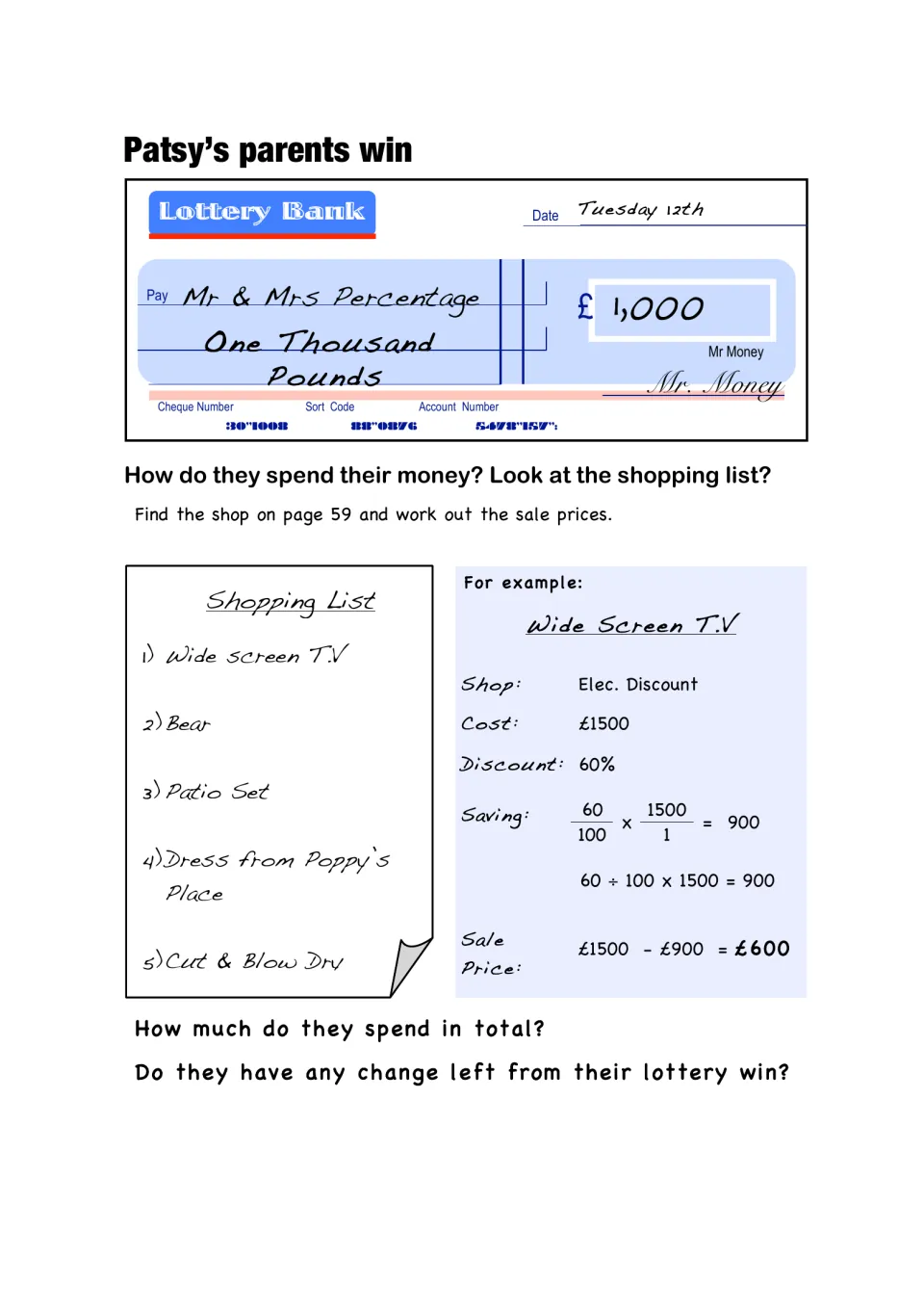 Lottery win problem: students find sale prices for five shopping-list items, total the spending and find change from £1,000