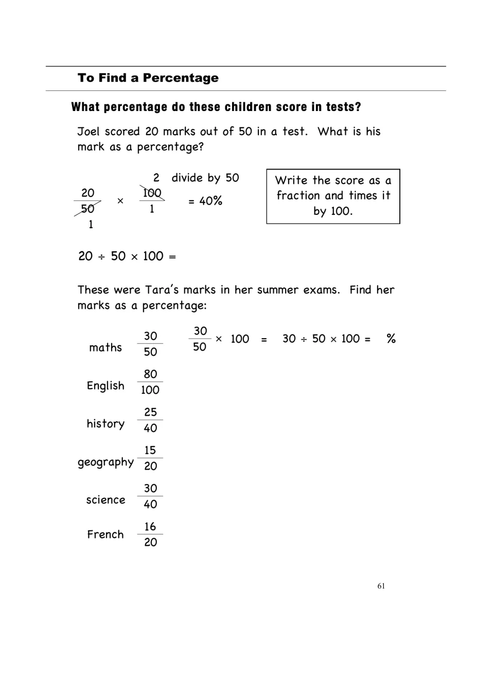 Test scores as percentages: Joel's 20 out of 50 is worked, then students convert Tara's six exam marks into percentages