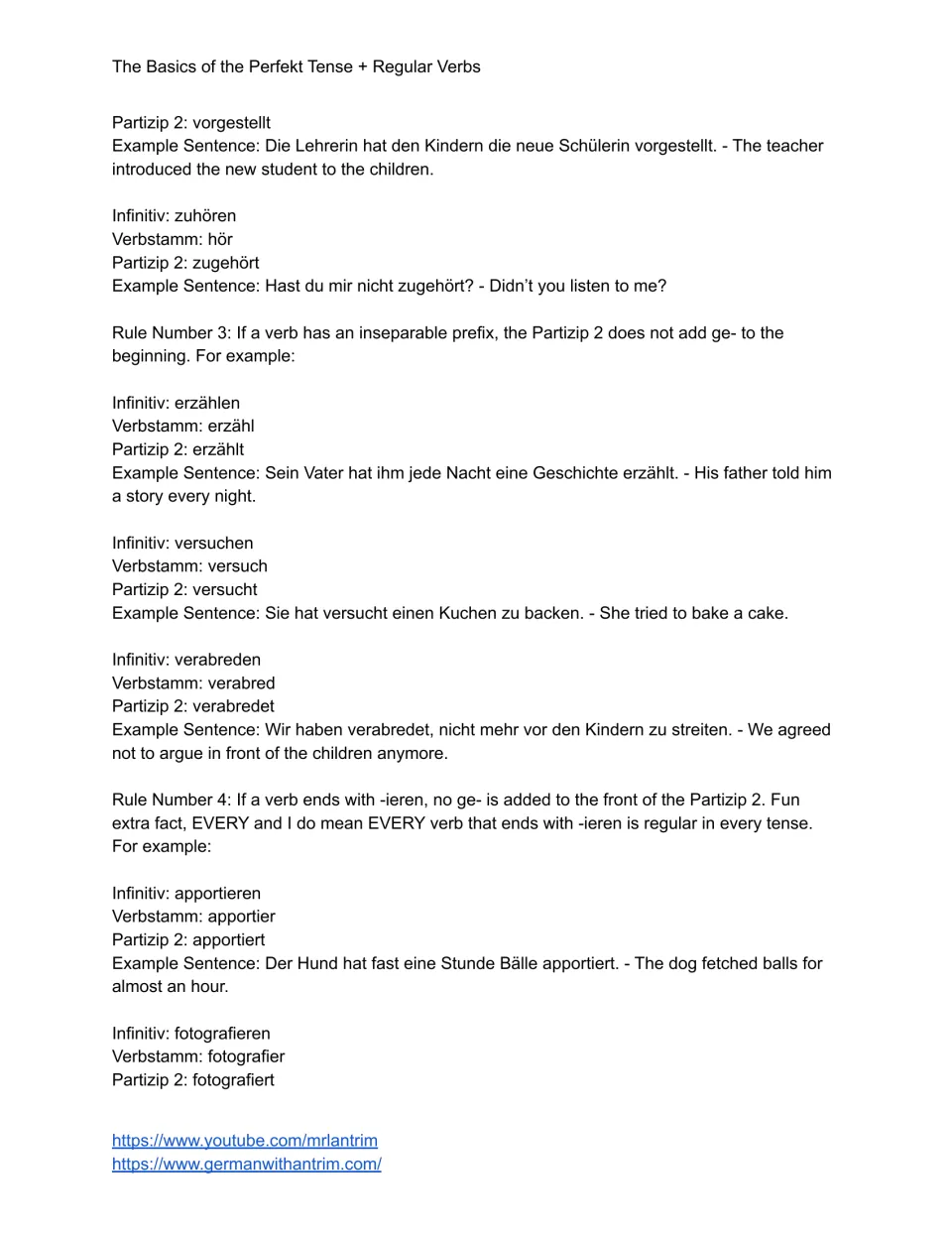 Lesson script rules 3–4: omitting ge- with inseparable prefixes and -ieren verbs, with German examples