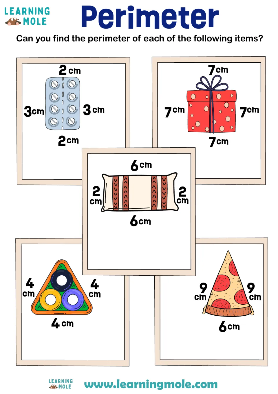 Perimeter: students add labeled cm side lengths to find the perimeter of a pill pack, gift, pillow, rack and pizza slice