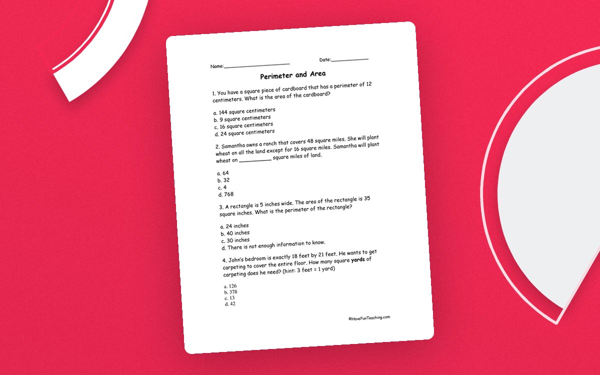Perimeter and Area Worksheet teaching resource preview