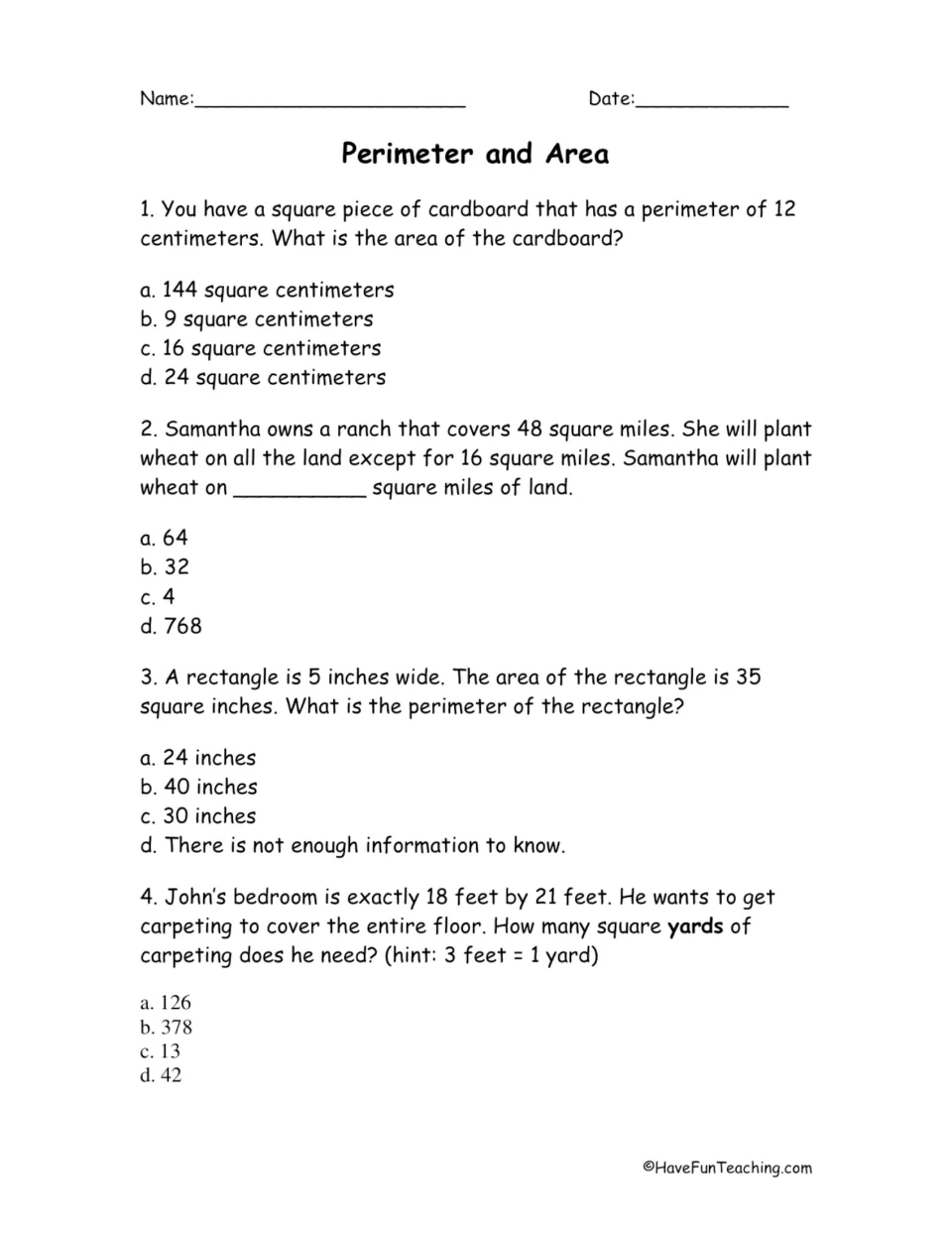 Perimeter and area word problems: students solve 4 multiple-choice items about a square, ranch, rectangle and room
