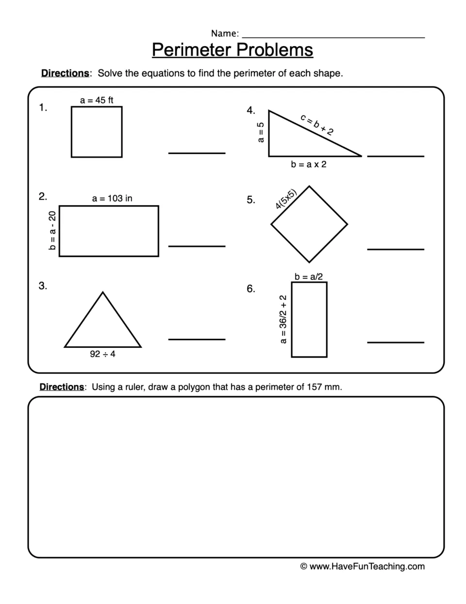 Perimeter practice: six shapes with side-length equations and a task to draw a polygon with a 157 mm perimeter.