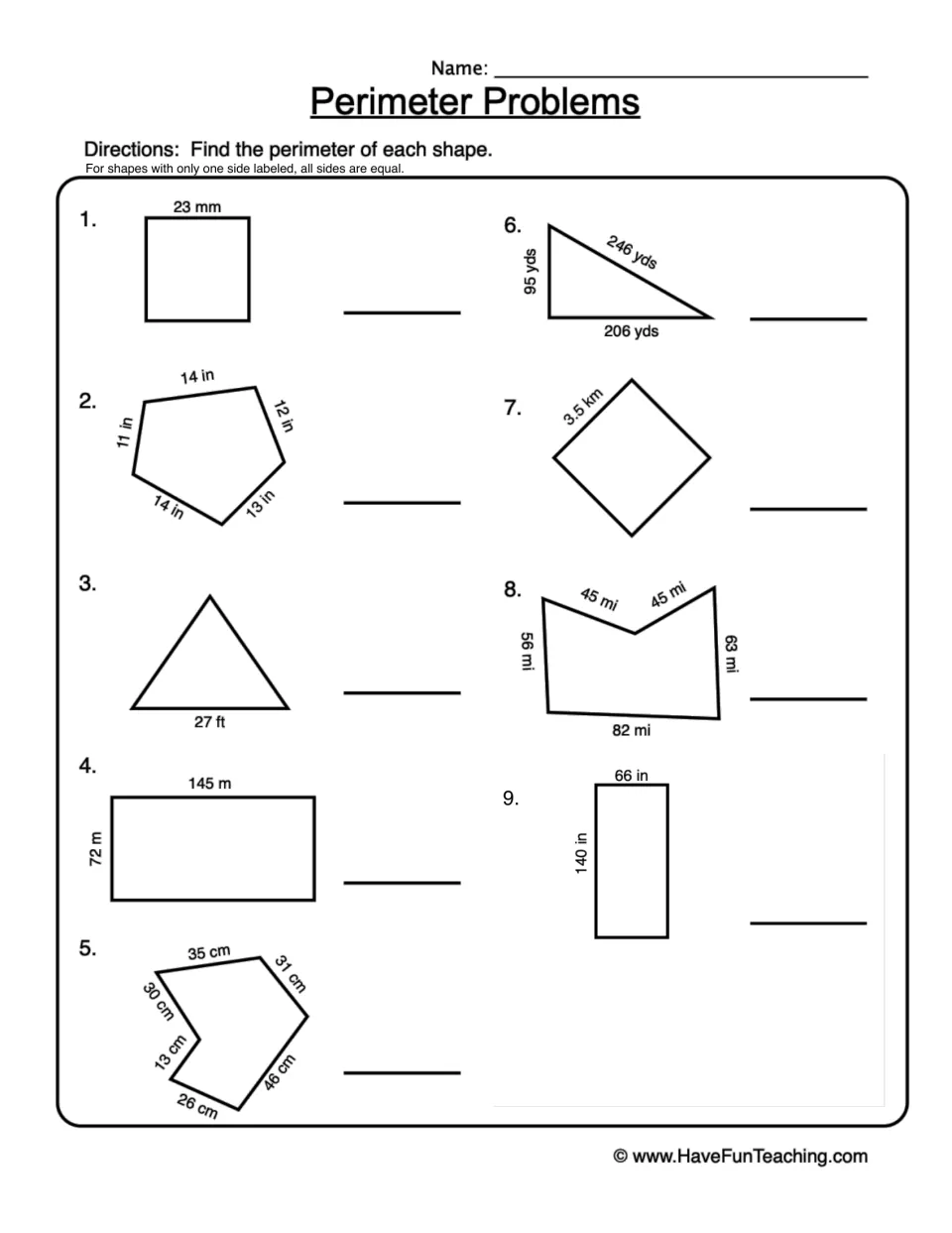 Perimeter Problems: students find the perimeter of 9 labeled shapes, from squares to irregular polygons, in mm to miles