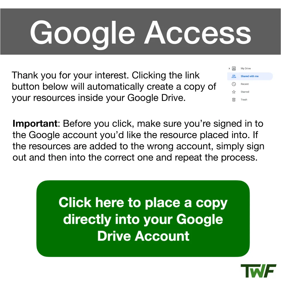 Google Access instructions: sign in to the right Google account, then click the green button to copy the resource to Drive