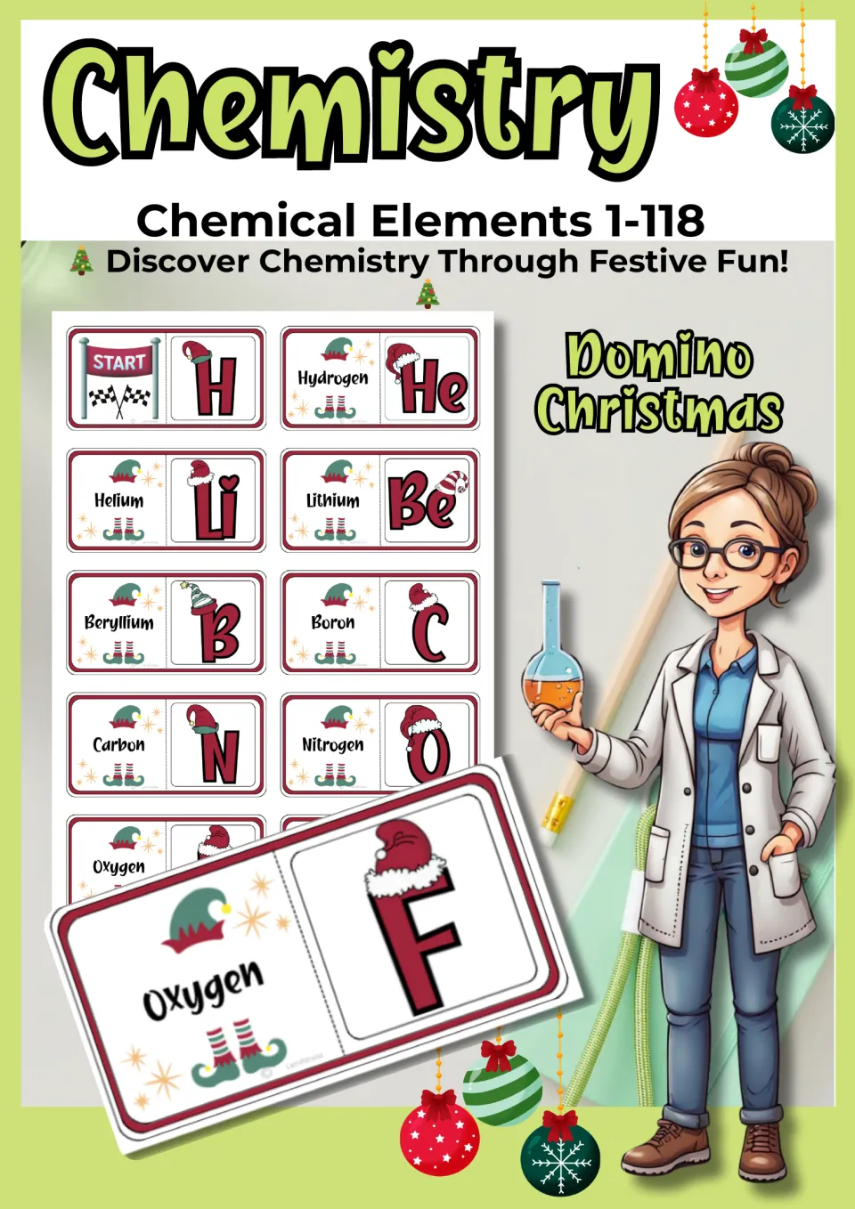 Cover of the Christmas chemistry domino game for elements 1–118, showing sample element name and symbol cards