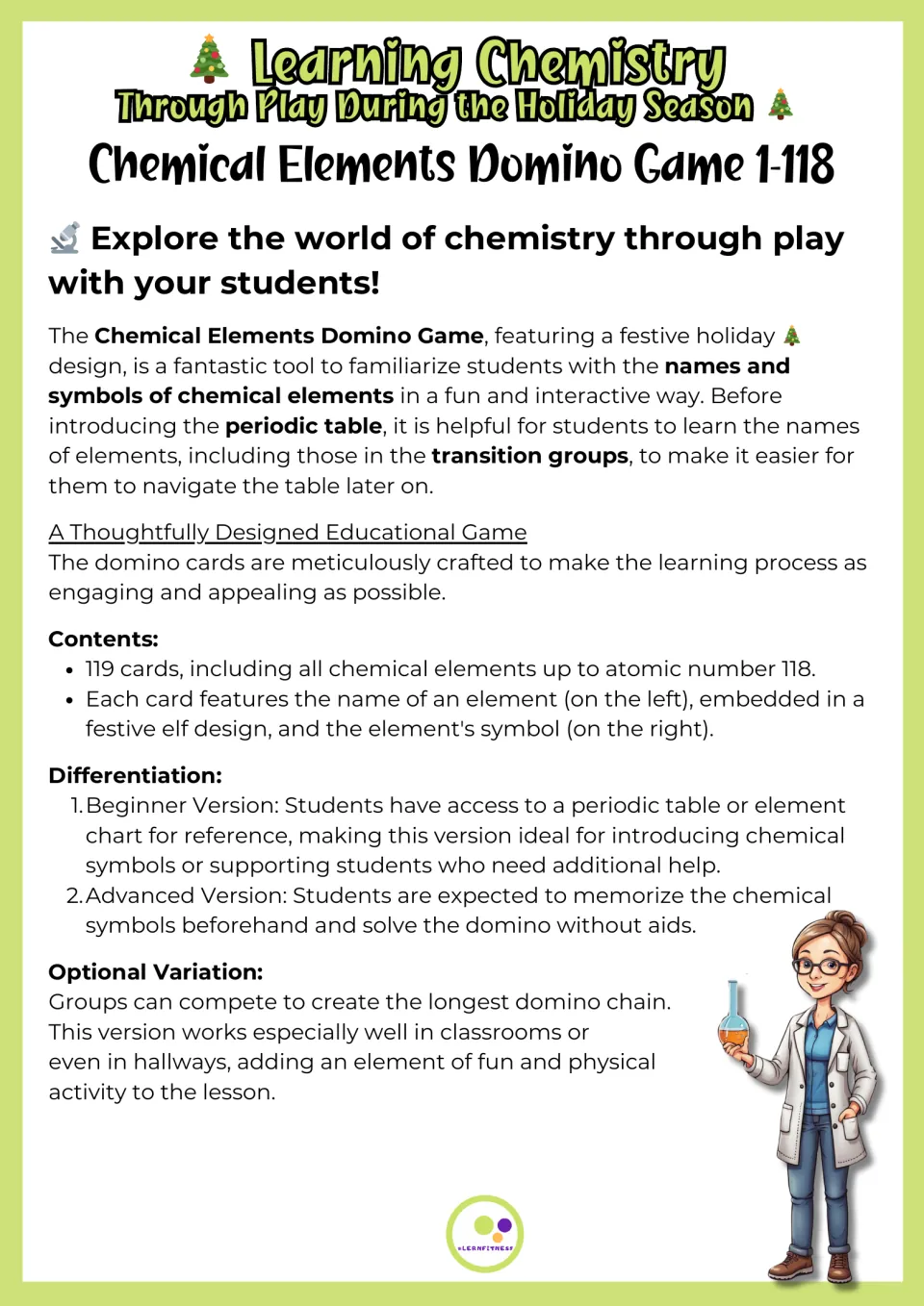 Game overview lists 119 element cards, beginner play using a periodic table, and advanced play without aids