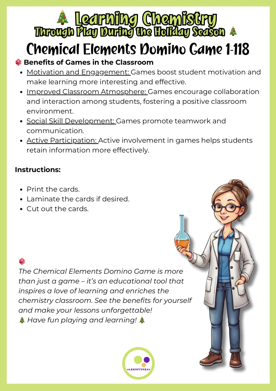 Game preparation directions say to print, optionally laminate, and cut cards; classroom benefits are listed