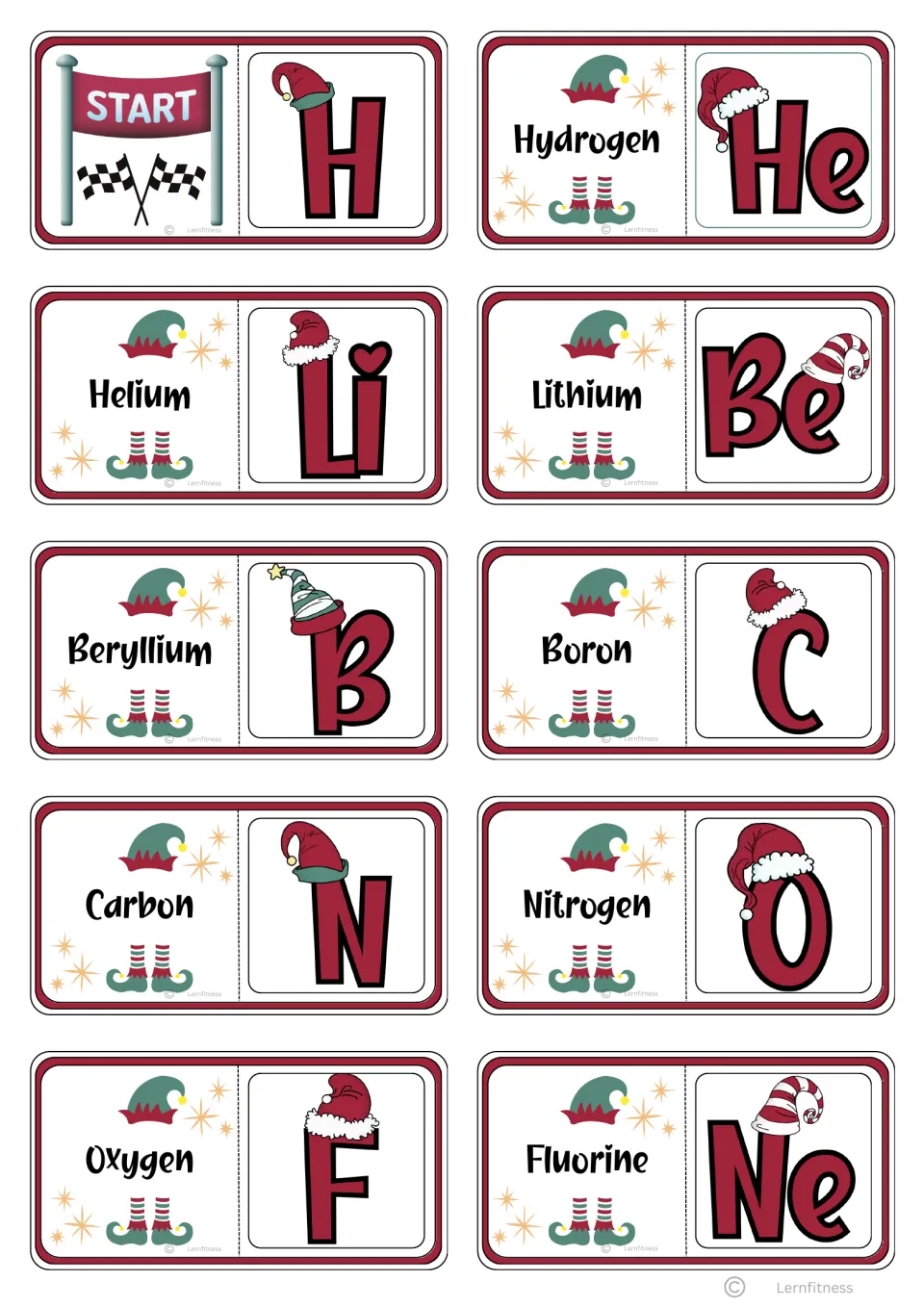 Domino cards 1–10: Start/H, Hydrogen/He, and eight more ending with Fluorine/Ne for name-to-symbol matching