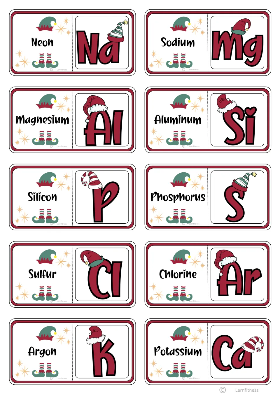 Domino cards 11–20: Neon/Na, Sodium/Mg, and eight more ending with Potassium/Ca for name-to-symbol matching