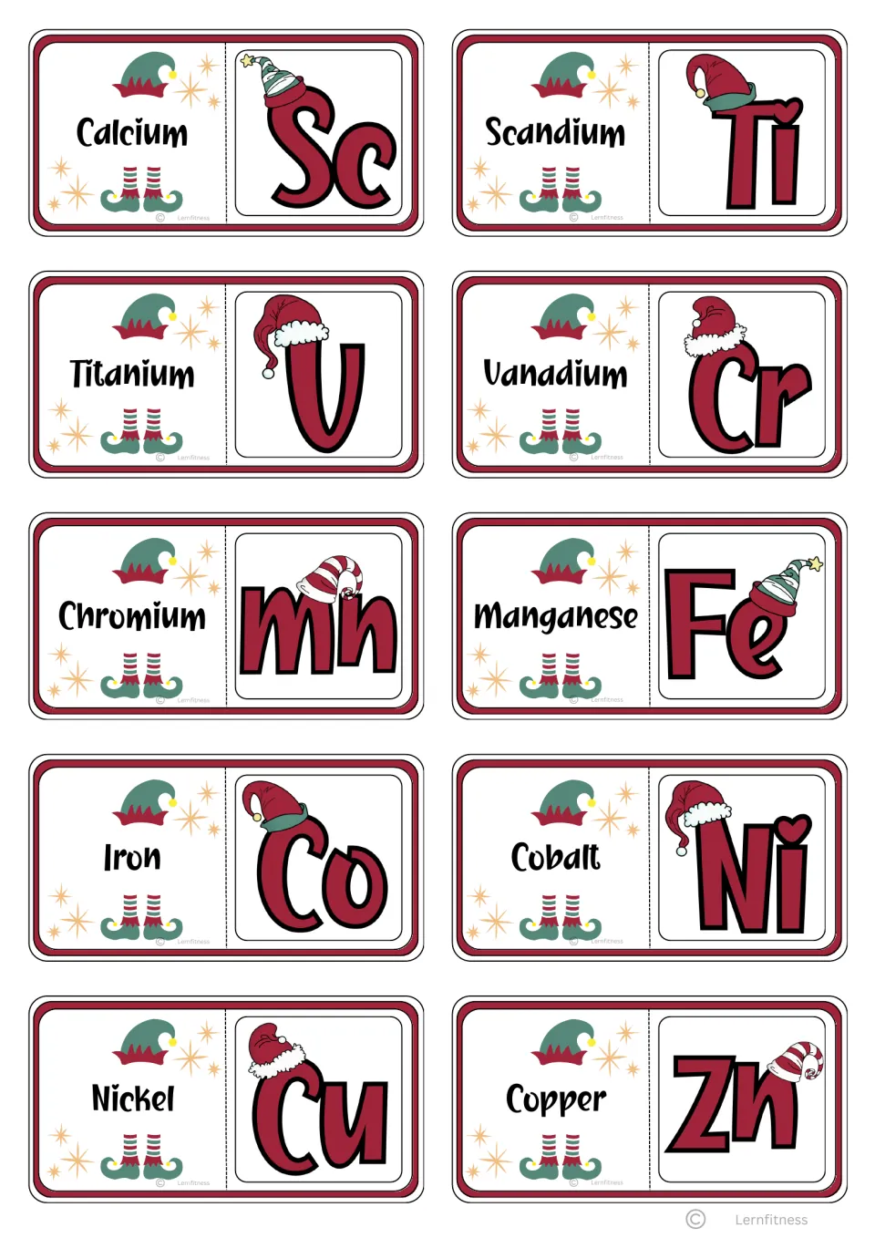 Domino cards 21–30: Calcium/Sc, Scandium/Ti, and eight more ending with Copper/Zn for name-to-symbol matching
