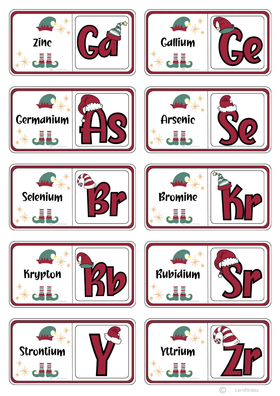 Domino cards 31–40: Zinc/Ga, Gallium/Ge, and eight more ending with Yttrium/Zr for name-to-symbol matching