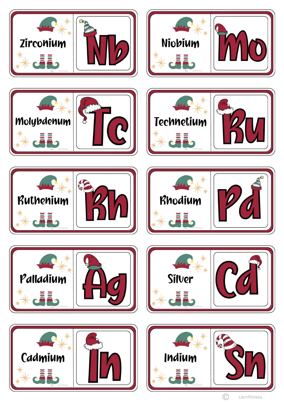 Domino cards 41–50: Zirconium/Nb, Niobium/Mo, and eight more ending with Indium/Sn for name-to-symbol matching