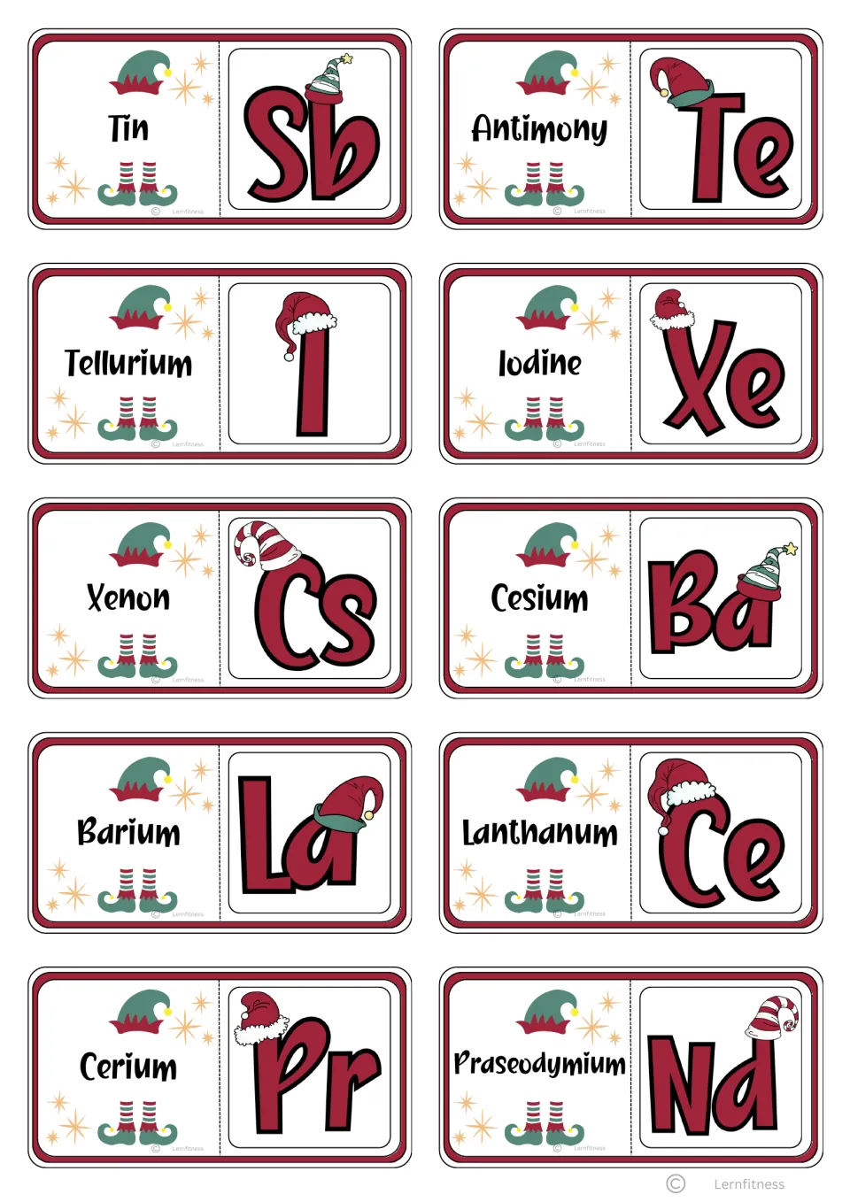 Domino cards 51–60: Tin/Sb, Antimony/Te, and eight more ending with Praseodymium/Nd for name-to-symbol matching