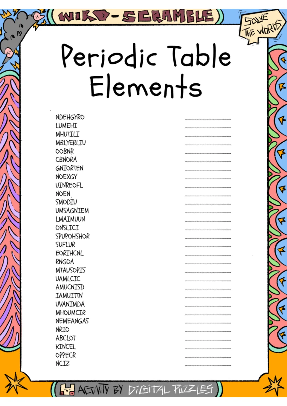 Periodic table word scramble: students unscramble 30 element names, hydrogen through zinc, and write each on the line