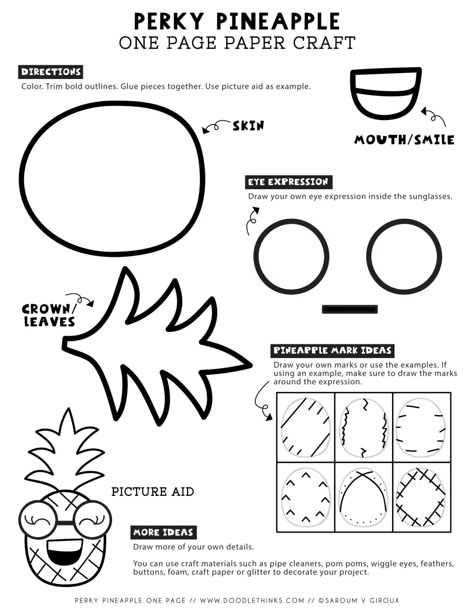 Pineapple paper craft: students color and cut out skin, crown leaves, smile and sunglasses, then draw eyes and marks