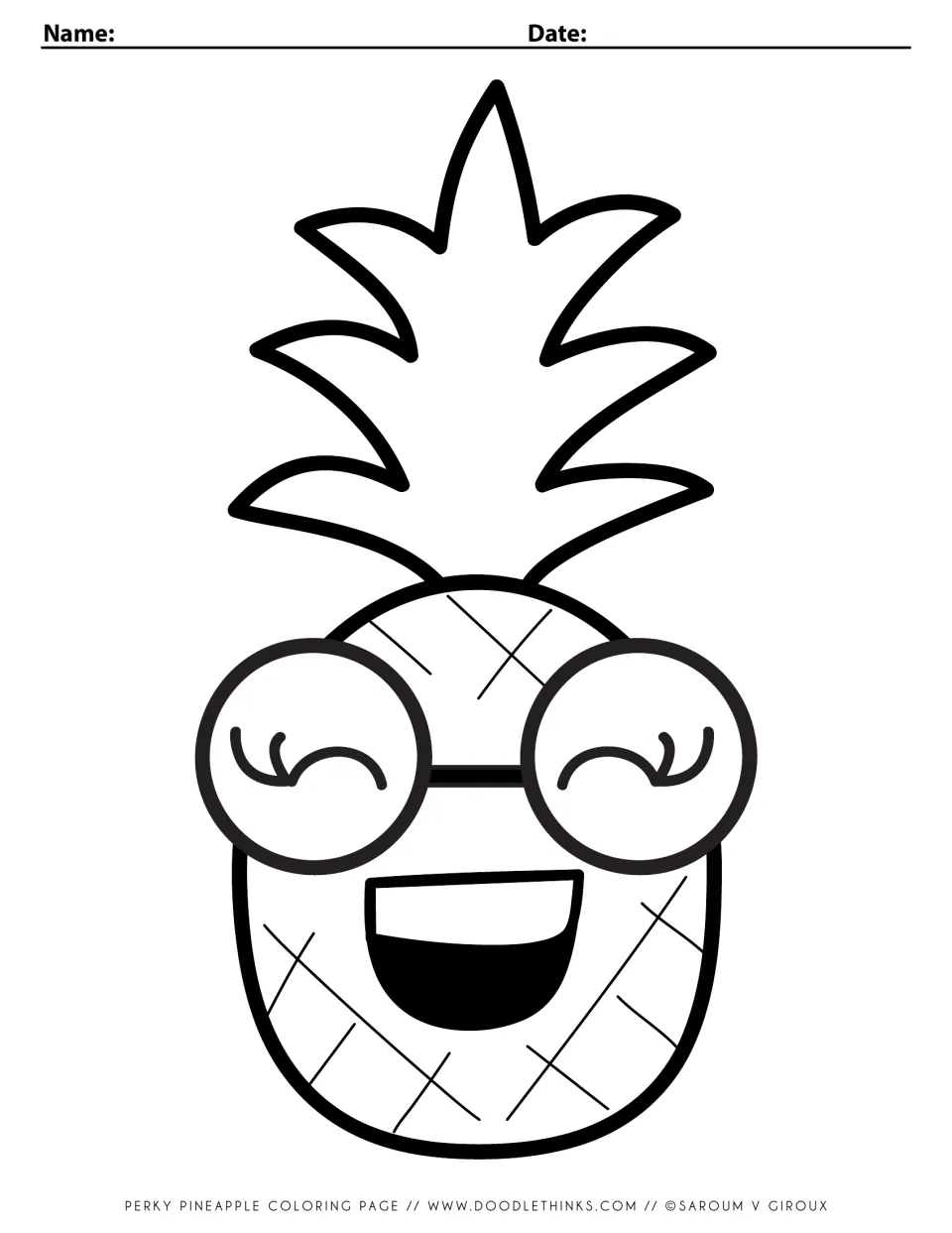 Pineapple coloring page: a smiling pineapple wearing round sunglasses with closed happy eyes and a spiky leaf crown